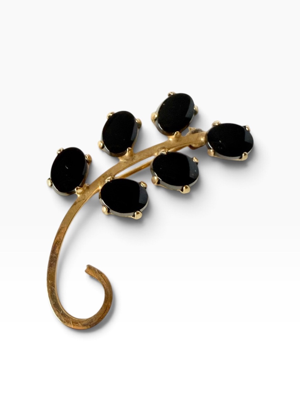 Vintage Bal-Ron Oval Black Onyx 12K Gold Filled Floral Stem Pin Brooch